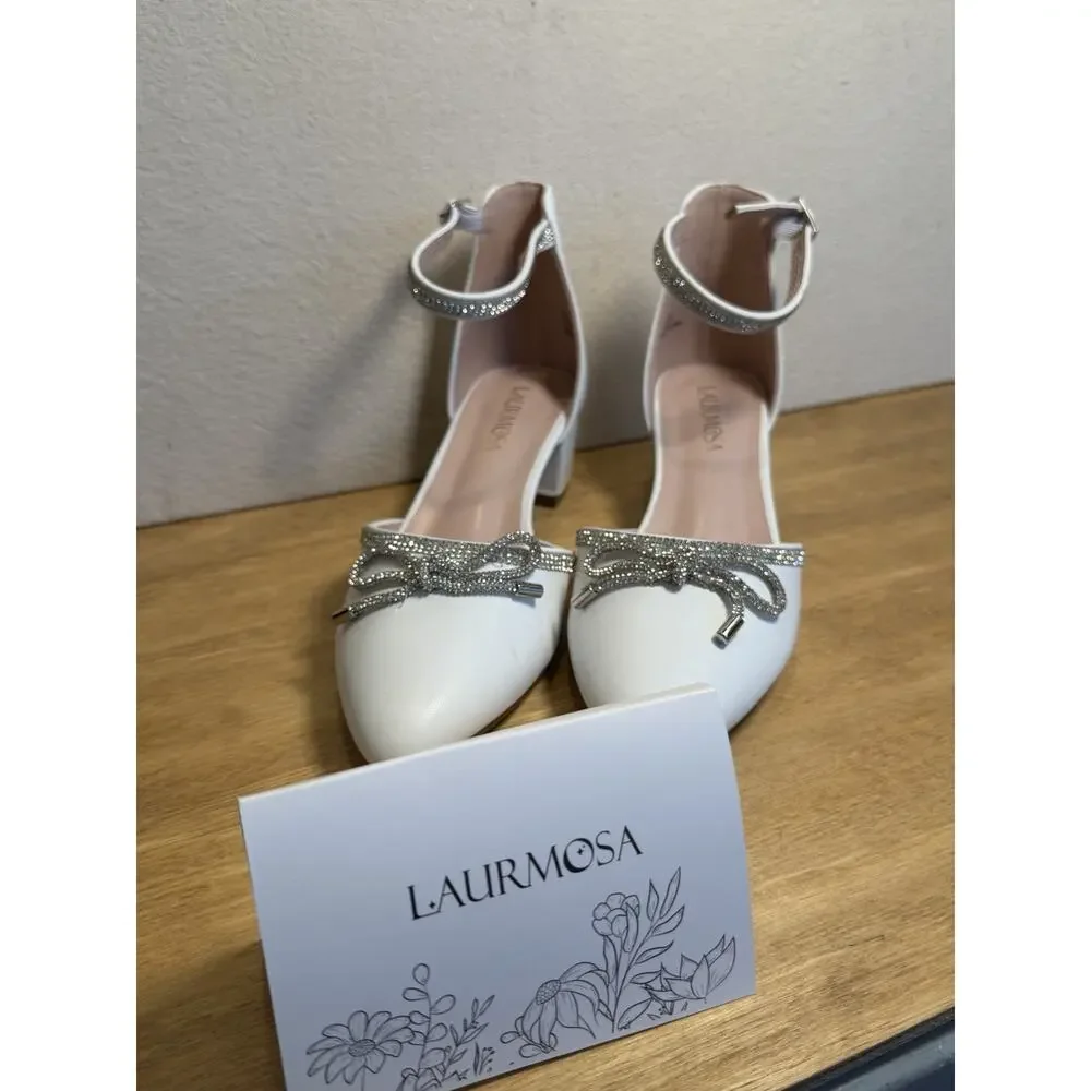 Laurmosa Girls Dress Shoes US Size 5 White Rhinestone Bow Communion New